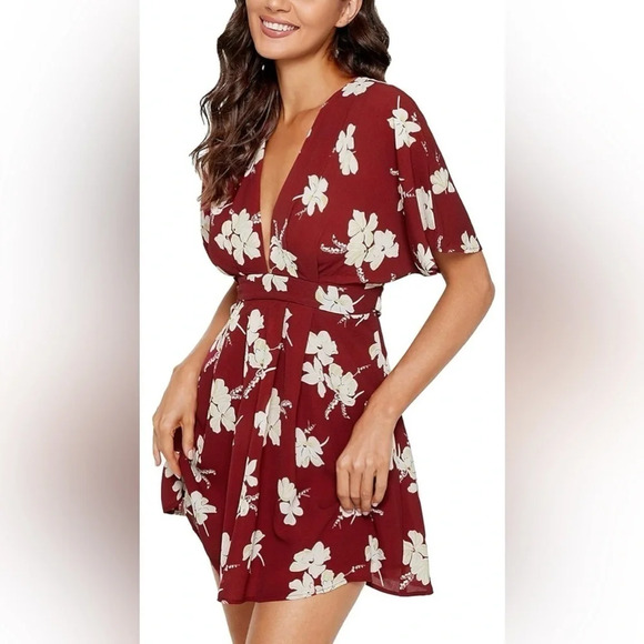 Floerns Women's Tropical Floral Plunging V Neck Tie Open Back Summer Short Dress - Picture 6 of 6